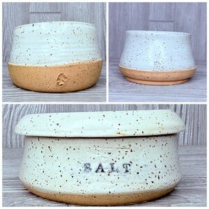 Hand made pottery Terracotta glazed bowls and salt cellar 2 size bowls and salt